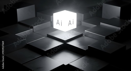 Glowing AI cube in metallic maze representing artificial intelligence and technology