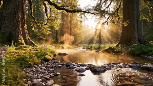 A tranquil forest clearing bathed in golden hour light among ancient trees and gently steaming ground