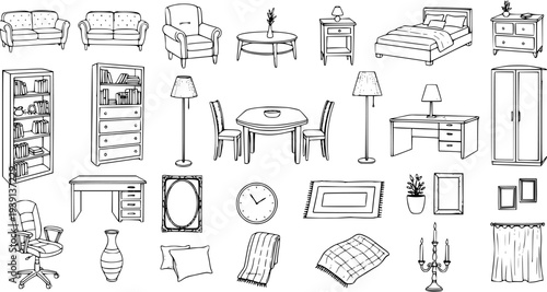 Furniture Sketch Set: Home Decor Essentials - Detailed Line Art for Interior Design Projects