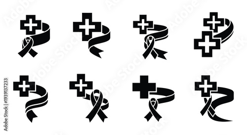 Black medical icons featuring ribbons crosses and hospital buildings