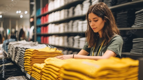 A young woman carefully stacks a large pile of yellow t-shirts on a shelf in a retail clothing store.