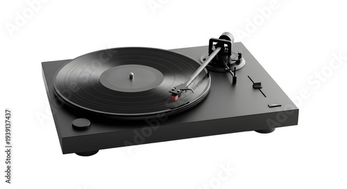 Modern black record player with rotating vinyl record on a sleek turntable playing music with a tonearm and cartridge against a clean white background showcasing minimalist design.