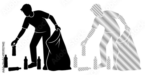 Person collecting plastic bottles into a bag for recycling, symbolizing environmental care and sustainability.