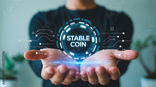 A person holding a stable coin graphic in their hands, symbolizing digital currency and financial technology