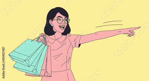 Woman pointing while holding shopping bags.