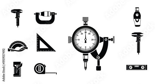 Collection of precision measurement tools in a black and white design