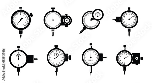 Collection of precision measurement tools in a black and white design