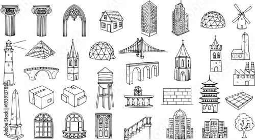 Architecture Line Art: Landmark, Buildings, and Structure Icons Set