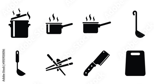 Black and white icons depicting cooking utensils and kitchen tools