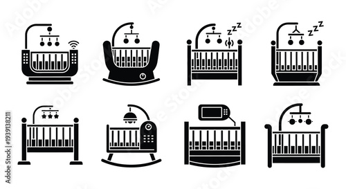Black and white icons depicting various baby crib and mobile designs