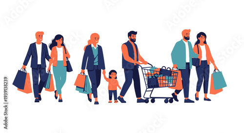 Diverse group of people shopping together with bags and cart.