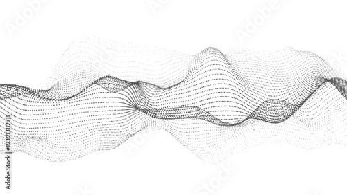 Vector abstract dotted wave landscape on white background. Black particle lines form flowing 3D terrain. Minimal dynamic data flow. Modern technology and soundwave concept.
