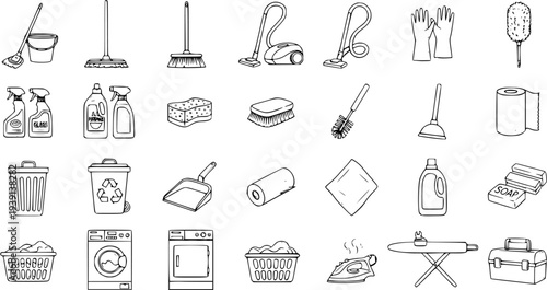 Hand-Drawn Cleaning Supplies  Laundry Tools Doodle Icon Set. Household Equipment Sketch Collection for Domestic Chores, Hygiene, and Home Maintenance.