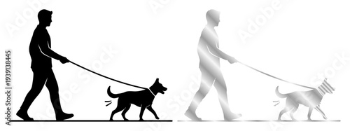 Silhouette of a person walking a dog on a leash outdoors