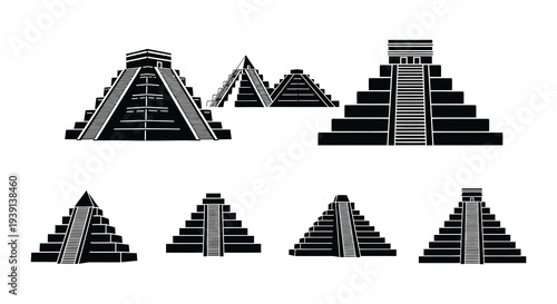 Black and white illustrations depicting mayan or aztec pyramid structures