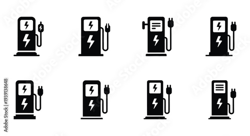 Collection of black electric vehicle charging station icons on white background