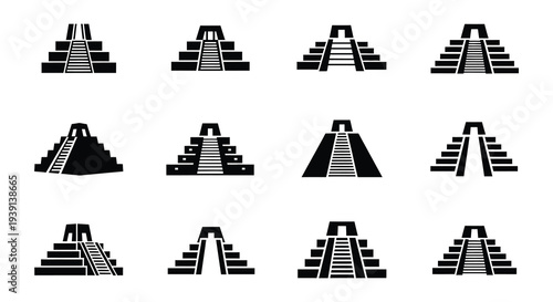 Black and white illustrations depicting mayan or aztec pyramid structures
