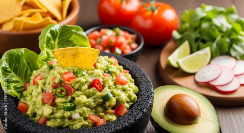 Fresh Homemade Guacamole with Tortilla Chips and Ingredients.