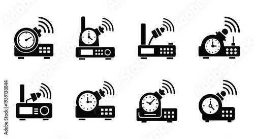 Collection of black and white alarm clock icons with varying designs