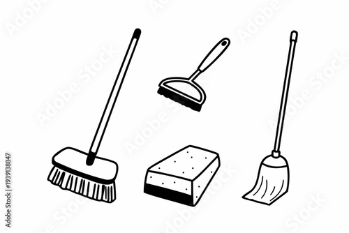 A set of cleaning tools including brooms and a sponge in a simple line drawing style