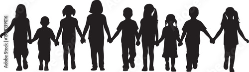 Silhouette of elementary school children with backpacks walking to class, diverse group of students going to school on white background