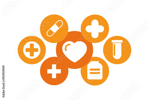 A vector graphic illustration of medical icons surrounding a heart symbol