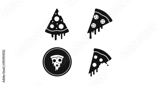 Create a professional minimalist pizza slice silhouette vector collection featuring 4 different pizza slice variations arranged in a clean 2x2 grid layout in one single image. Use only pizza slice as 