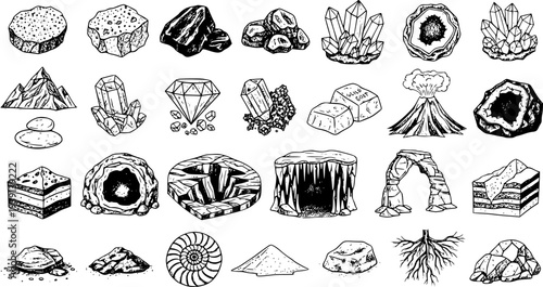 Hand-Drawn Geology and Earth Science Vector Icons Set: Rocks, Minerals, Crystals, Mountains, Volcanoes, Caves, Fossils, Geodes, Diamonds, Nature Elements Collection