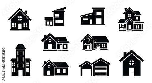 Collection of simple black and white house and building icons