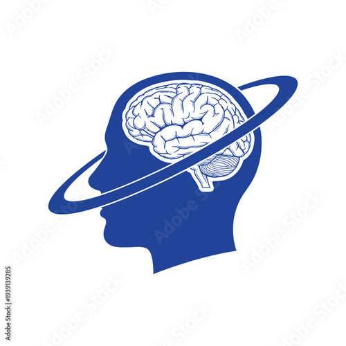 Stunning blue brain illustration with Saturn ring around head