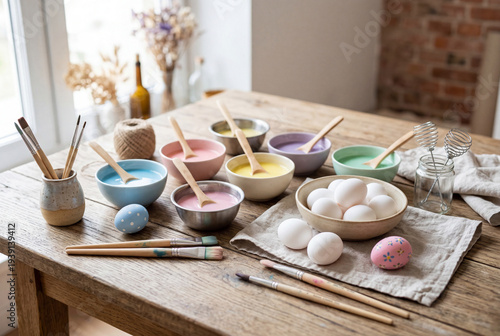 Easter egg decorating setup with colorful dyes and brushes on rustic wooden table / Easter egg decorating setup with bowls of colorful dye, paint brushes and fresh white eggs on a rustic wooden table.