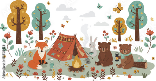 Whimsical illustration of forest animals camping with tent and trees