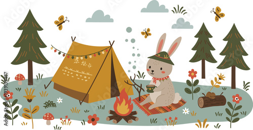 A cartoon rabbit sitting by a campfire in a forest with a tent