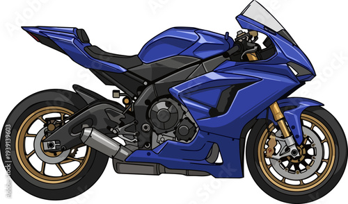 A blue sports motorcycle viewed from the side, showcasing its sleek design and vibrant color in a clear illustration