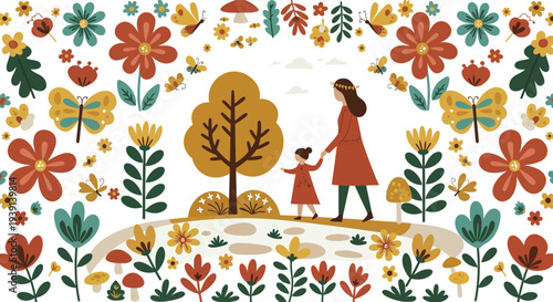 Mother and child standing on hill surrounded by colorful flowers and trees in a whimsical garden scene