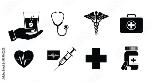 Black medical icons depicting healthcare symbols and tools on white background