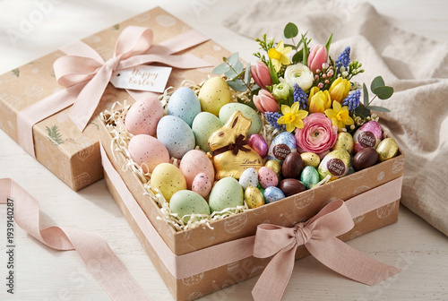 Easter gift box with pastel eggs, chocolate bunny and spring flowers, festive Easter holiday present with decorated eggs, sweets and seasonal spring decoration