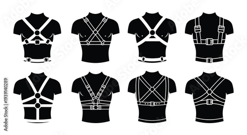 Black and white illustration of various harness and strap designs