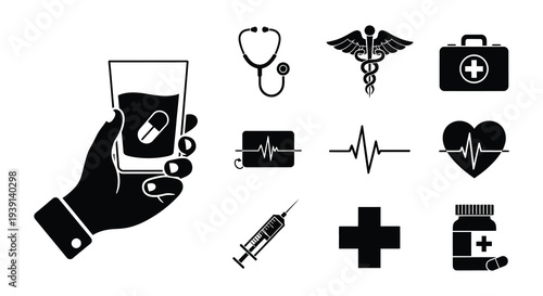 Black medical icons depicting healthcare symbols and tools on white background