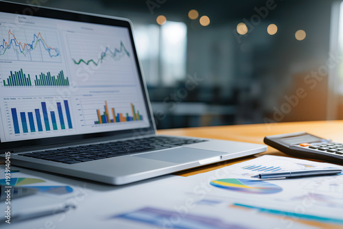 Wallpaper Mural Laptop displays multiple financial charts surrounded by printed analytical reports and colorful graphs nearby. Torontodigital.ca
