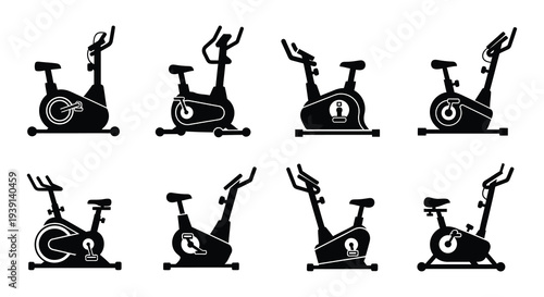 Black and white icons depicting various stationary exercise bikes in different views