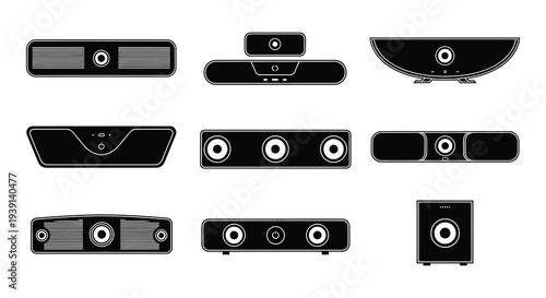 Collection of modern soundbar and speaker system silhouettes in black