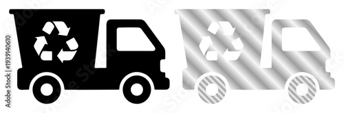Recycling truck icon in black and silver, representing waste management and sustainability.