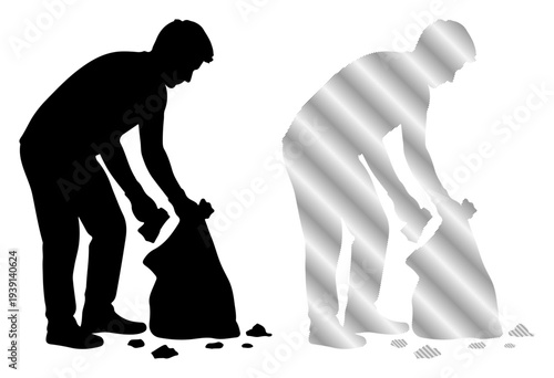 Silhouette of a person collecting trash in a bag, symbolizing environmental cleanup and sustainability efforts.