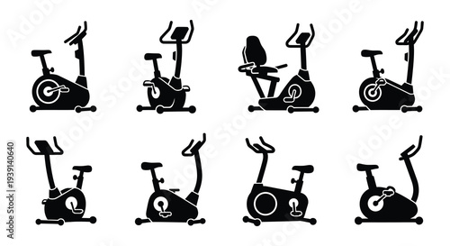 Black and white icons depicting various stationary exercise bikes in different views