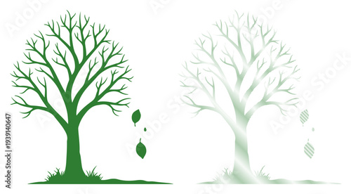 Vibrant green tree alongside a ghostly white silhouette, symbolizing change and nature's cycle.