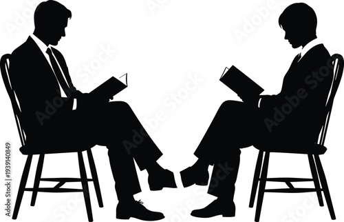 Vector silhouette of two professional businessmen sitting in chairs and reading books for education, corporate training, and business knowledge concept.
