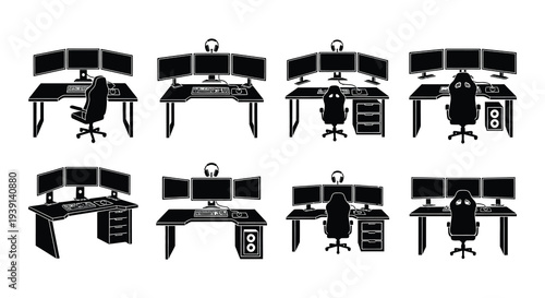 Black and white silhouettes of multiple computer gaming setups