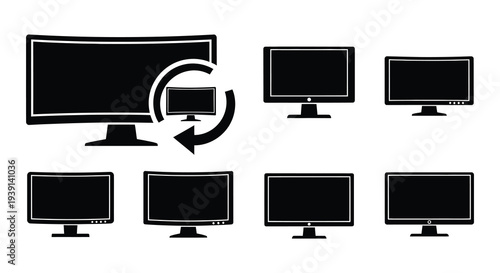 Black and white illustration of various television screen sizes and a refresh symbol