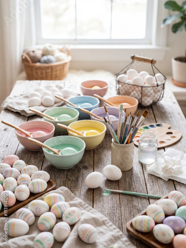 Easter egg decorating setup with bowls of colorful dye, paint brushes and fresh white eggs on a rustic wooden table. Traditional DIY preparation for spring Easter holiday celebration at home. Easter 